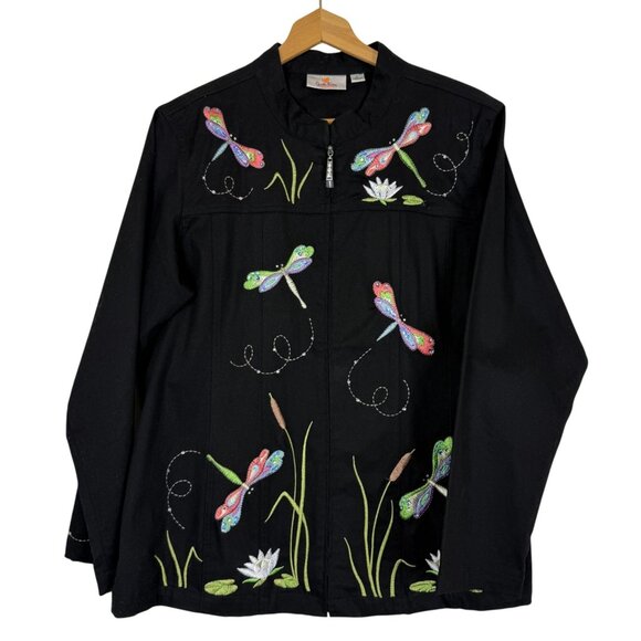 Quacker Factory Black Embroidered Dragonflies Jacket Sz Large Zip Up Colorful - Picture 1 of 10